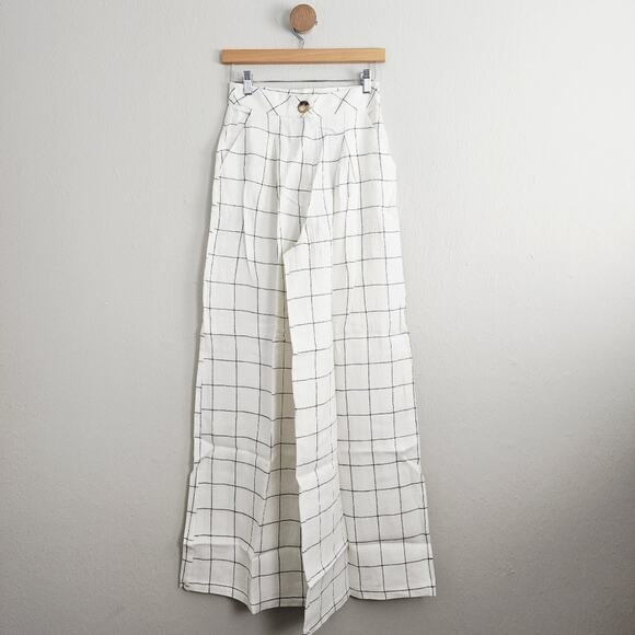 Rumer The Label Quinn Plaid Linen Wide Leg Pants Ivory High Waist Pleated NWT S - Picture 8 of 12